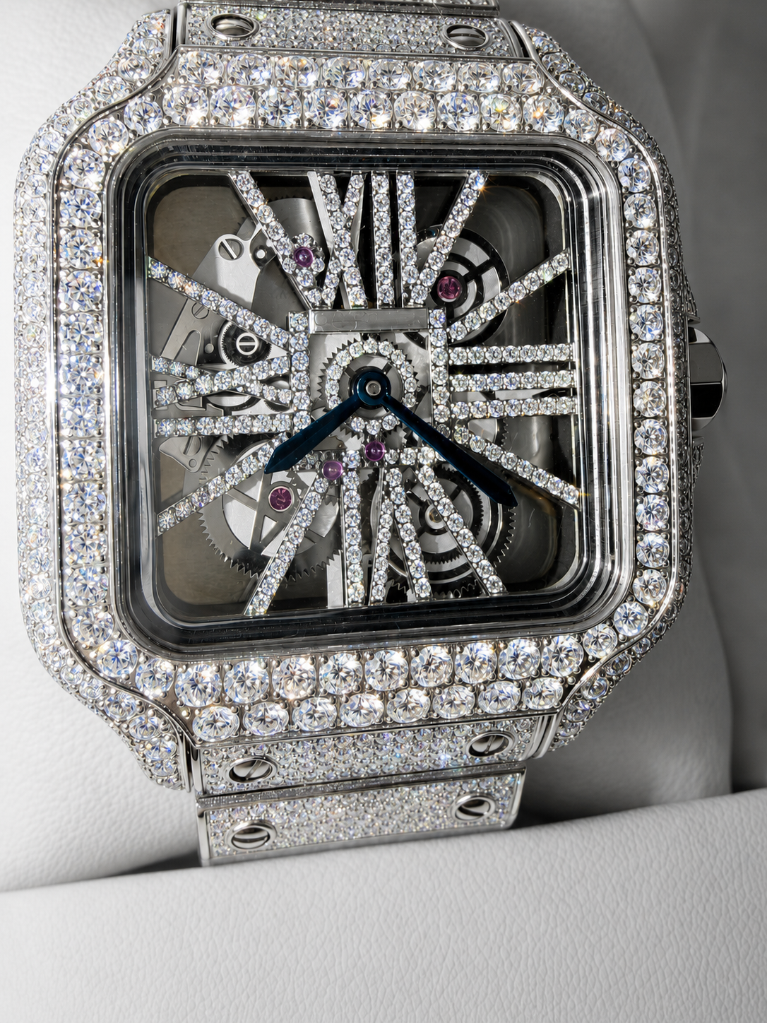 Skeleton dial closeup with iced stones
